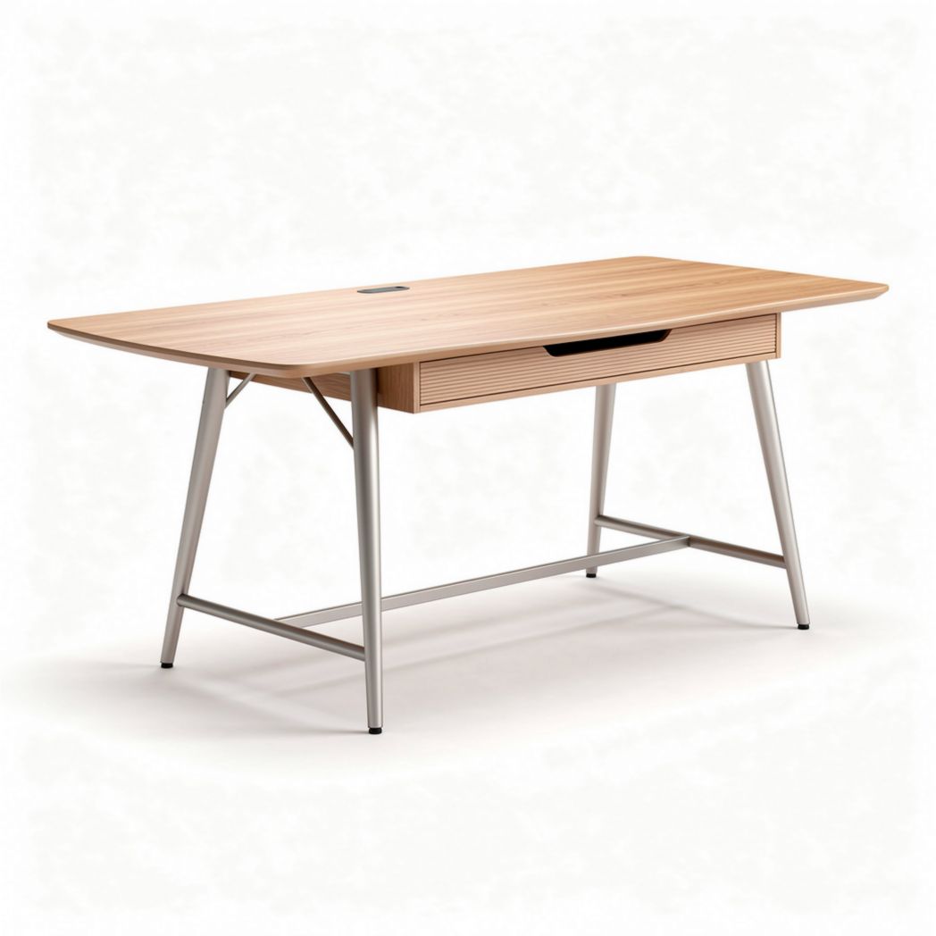 Modern wooden desk with metal legs and drawer for home office workspace