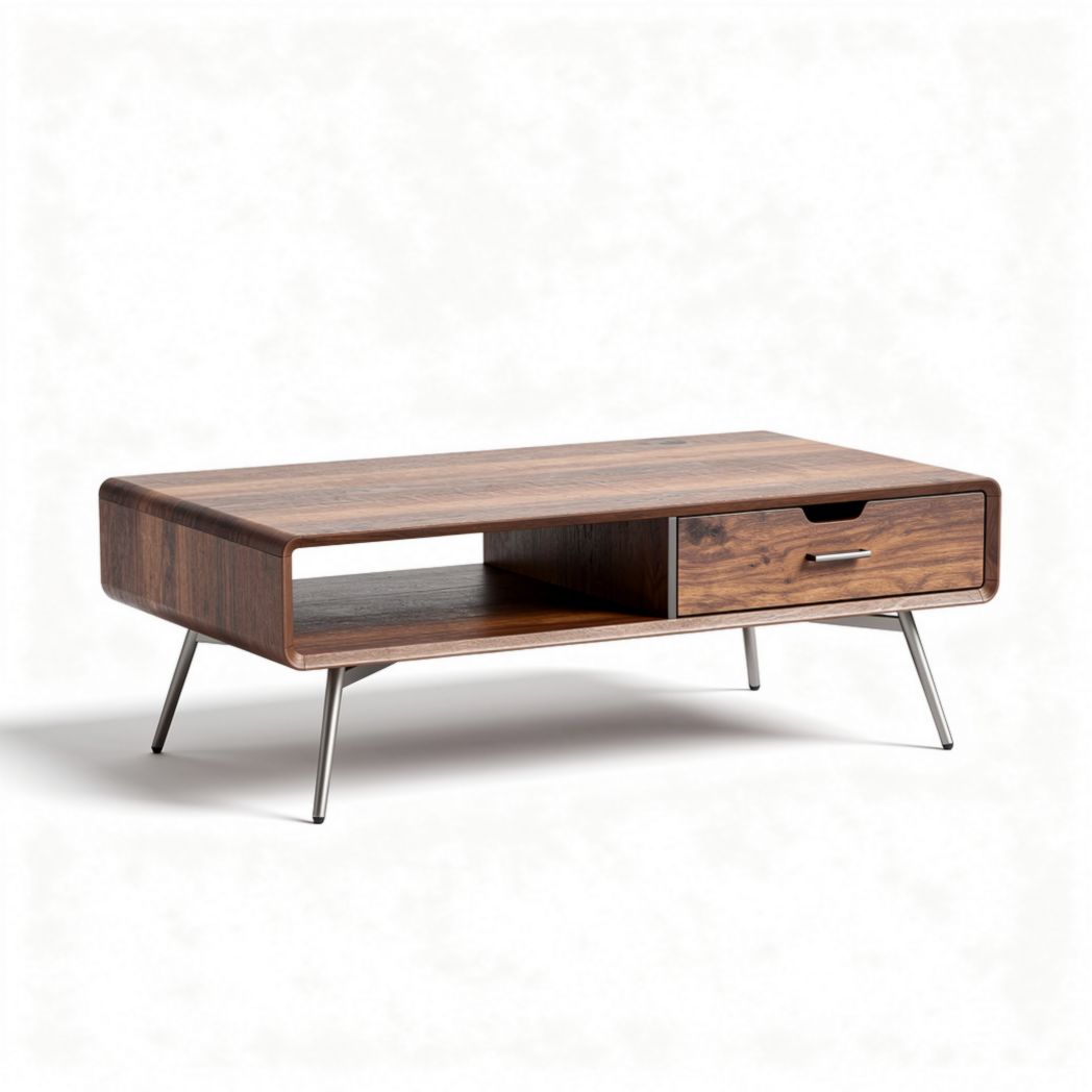 Modern wooden coffee table with drawer and open shelf in walnut finish 120 x 60 x 40cm