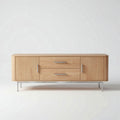 Wooden media console with two drawers and metal legs 60 x 15 x 20 inches