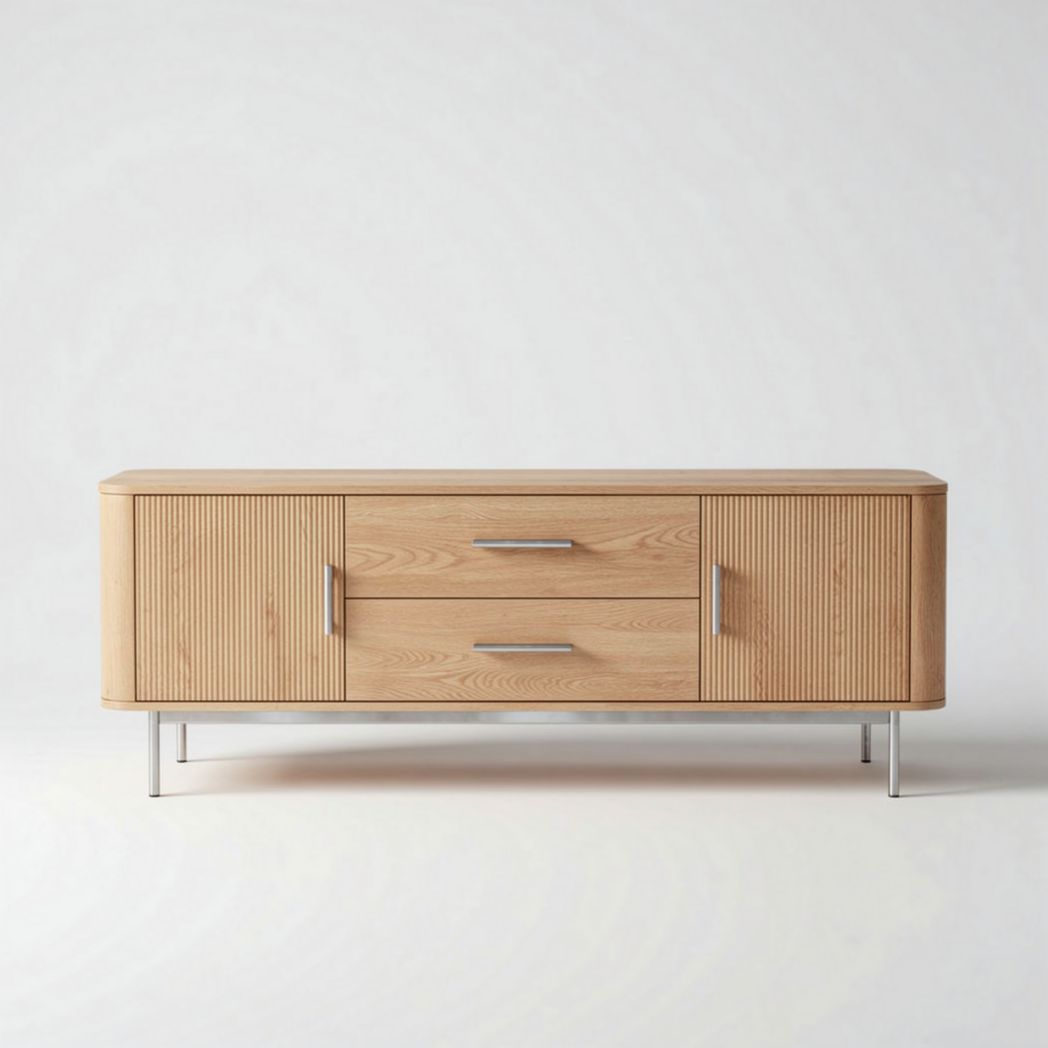 Wooden media console with two drawers and metal legs 60 x 15 x 20 inches