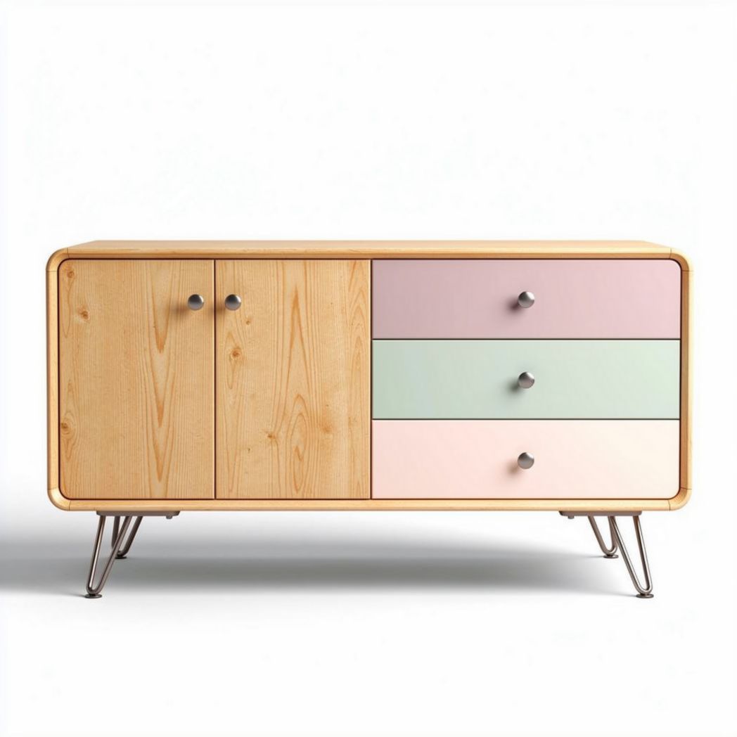 Wooden sideboard with pastel drawers and metal legs 100 x 40 x 70cm
