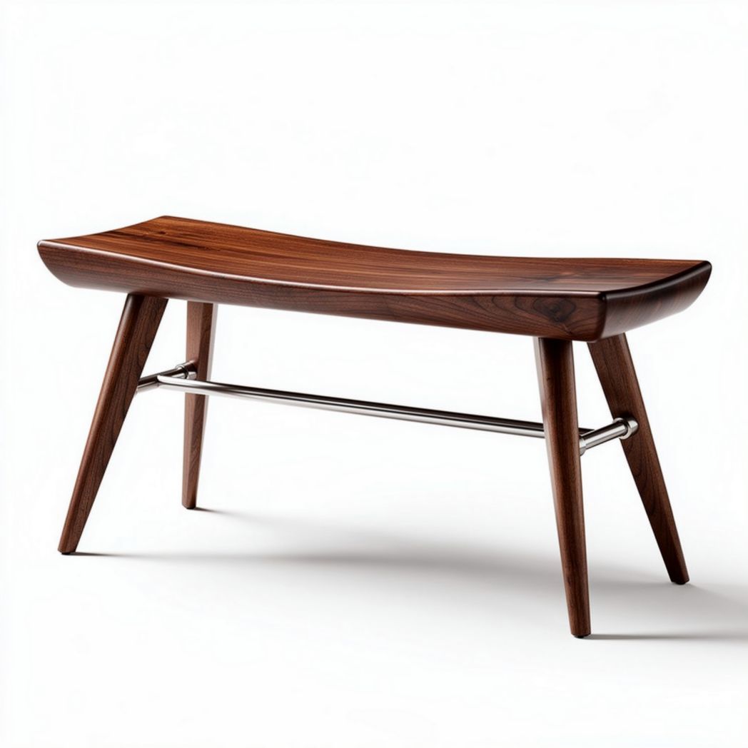 Wooden bench with curved seat and stainless steel support 90 x 35 x 40cm