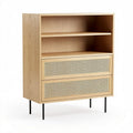 Wooden storage cabinet with woven rattan drawers and open shelving 80 x 40 x 100cm