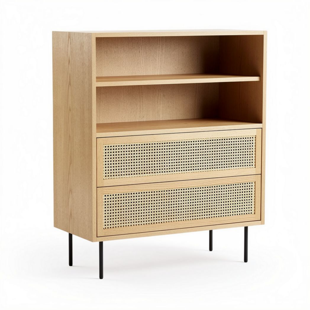Wooden storage cabinet with woven rattan drawers and open shelving 80 x 40 x 100cm