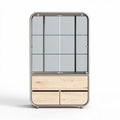 Glass display cabinet with wooden base and four storage drawers 80 x 40 x 160cm