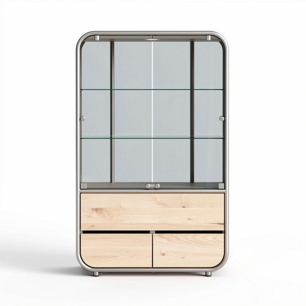 Glass display cabinet with wooden base and four storage drawers 80 x 40 x 160cm