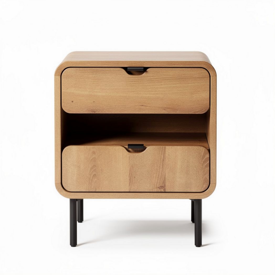 Wooden nightstand with two drawers and black metal legs 45 x 40 x 50cm
