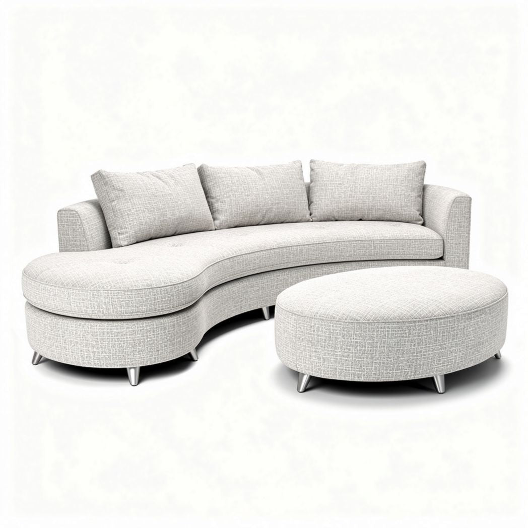 Curved sectional sofa with round ottoman in light gray fabric 190 x 90 x 80cm
