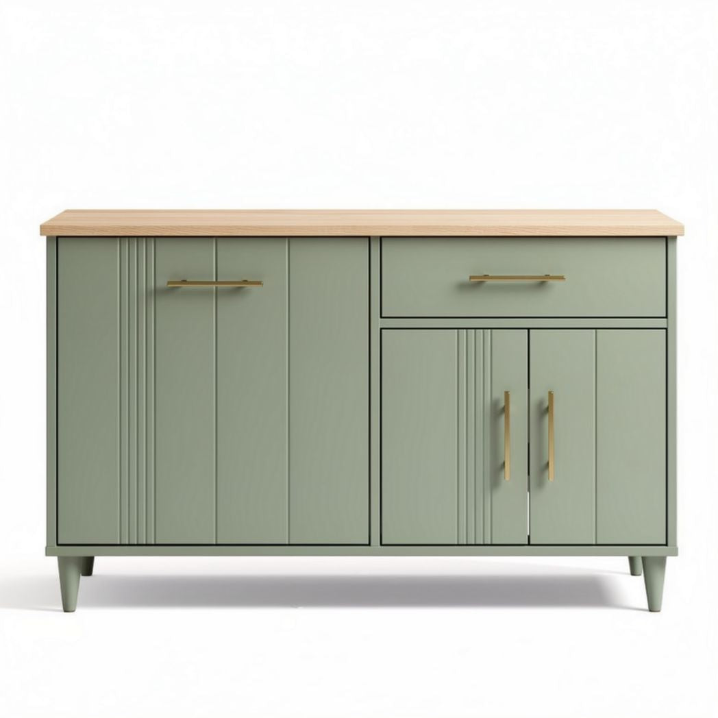 Modern green storage sideboard with natural wood top dimensions 150 x 45 x 80cm
