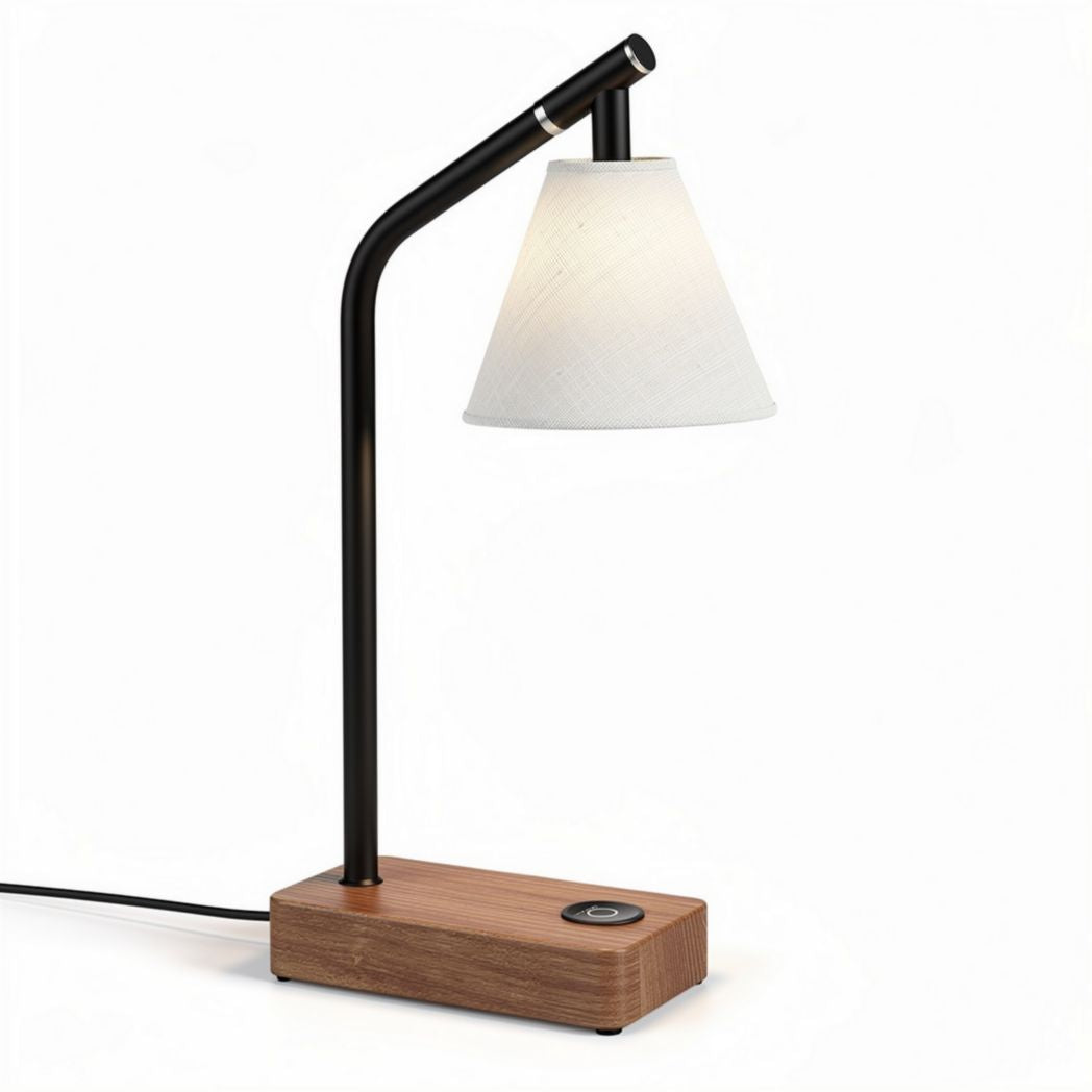 Wooden base table lamp with fabric cone shade and adjustable arm 25 x 15 x 45cm