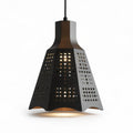 Metal pendant light with wooden accents and perforated design 25 x 25 x 40cm