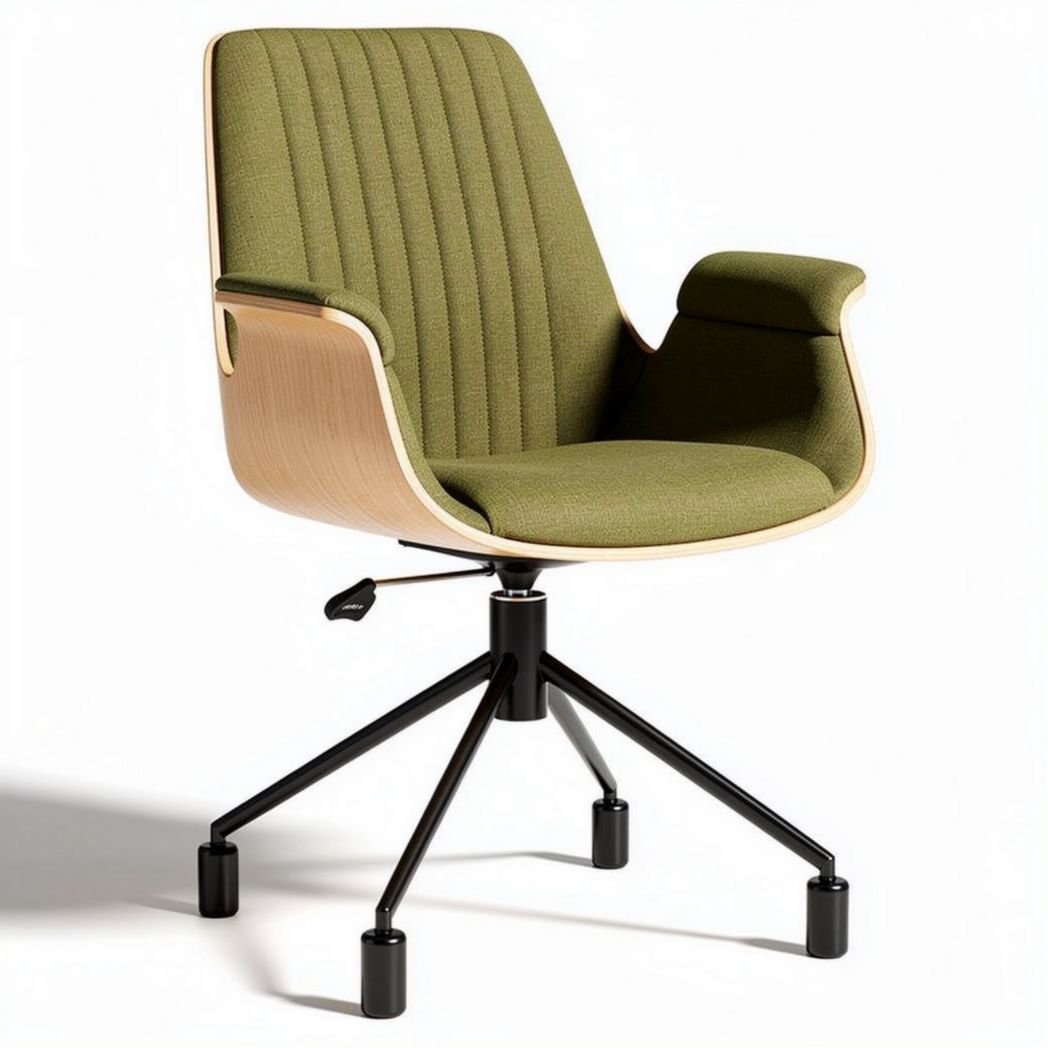 Swivel office chair with green fabric upholstery and wood accents 50 x 60 x 85cm