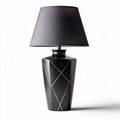 Black ceramic lamp with geometric design and gray fabric shade 25 x 25 x 40cm