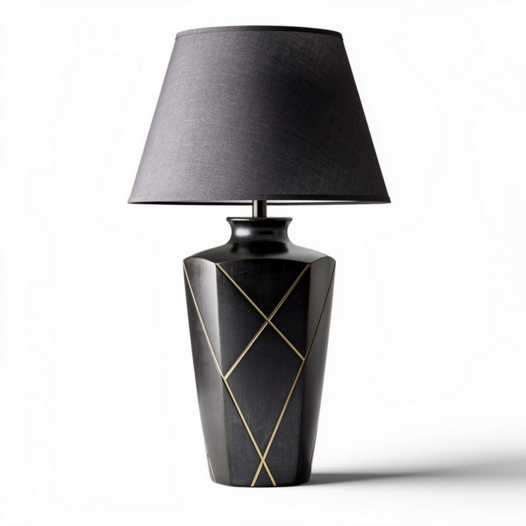 Black ceramic lamp with geometric design and gray fabric shade 25 x 25 x 40cm