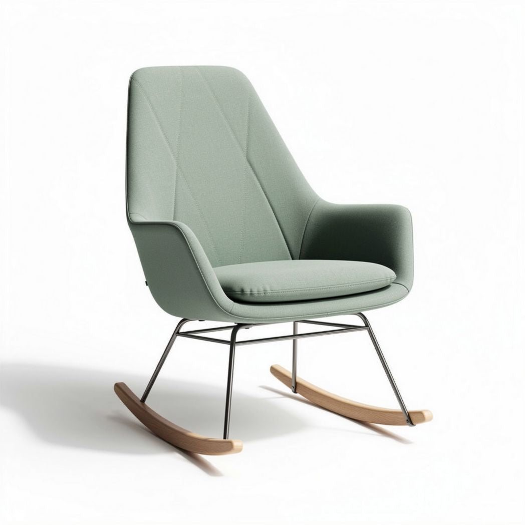Rocking chair with upholstered seat in green fabric and wood base 70 x 65 x 100cm